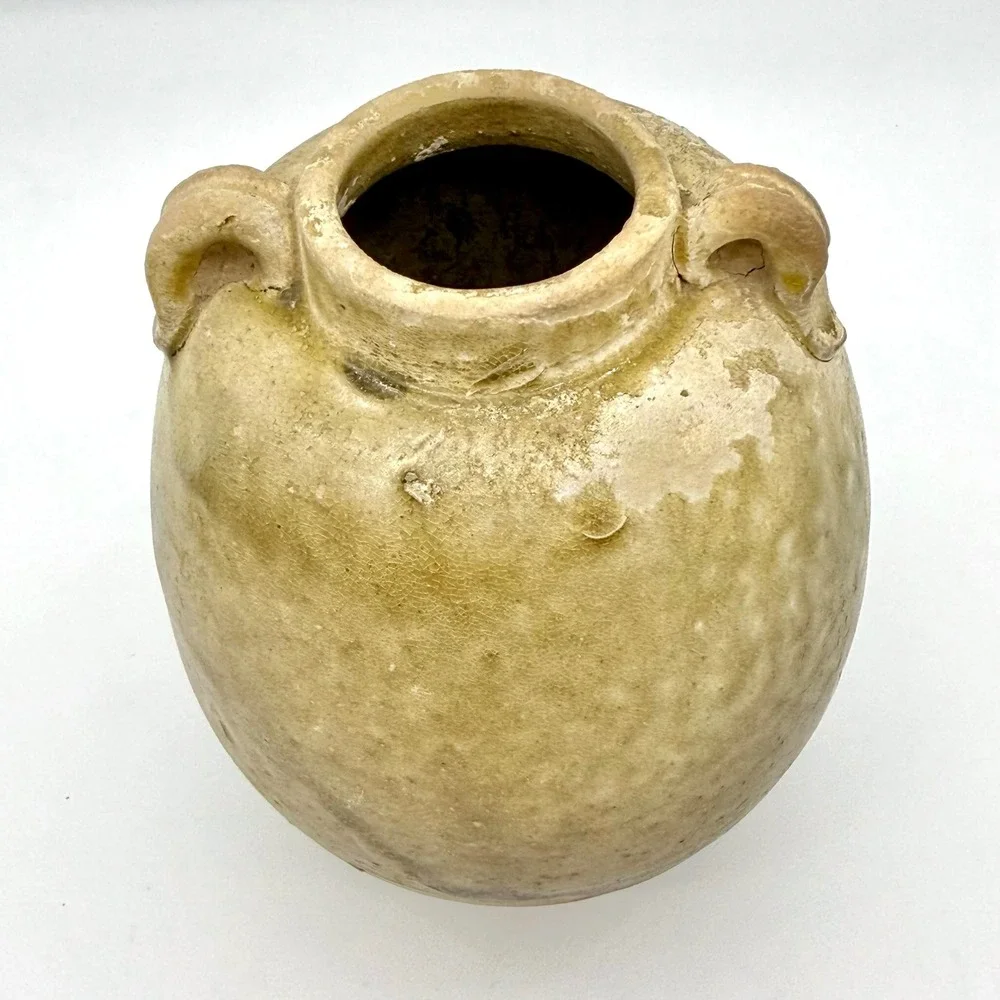 Reproduction Chinese Lug Jar Stoneware Wabi Sabi Green Crackle Glaze‎